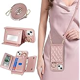 DEYHU for iPhone 14 Plus Case with Card Holder and Strap for Women,Crossbody Lanyard, Make Up Mirror,Ring Stand,Snap Clasp,Cute Phone Wallet Cases 6.7 inch - Dark Rose Gold