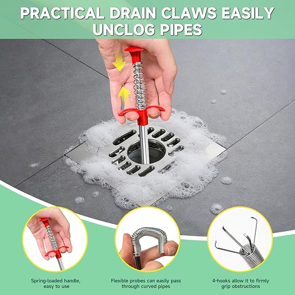 SNAKE DRAIN HAIR REMOVAL TOOL (5 PCS): 4 X 50-INCH DRAIN HAIR REMOVERS + 63-INCH SHOWER DRAIN SNAKE BLOCKAGE REMOVAL TOOL, DRAIN BRUSHES FOR SHOWERS, TOILETS, BATHROOM SINKS AND BATHTUBS.