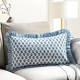 CPC Apatite Blue 100% Cotton Block Print Ruffle Sham Cover 12x20 inch, Handmade Boho Floral Pillowcase, Farmhouse Cottagecore Bedding, Soft Decorative Cushion Cover for Bedroom Décor