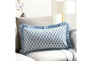 CPC COTTON PRINT CLUB CPC Apatite Blue 100% Cotton Block Print Ruffle Sham Cover 12x20 inch, Handmade Boho Floral Pillowcase, Farmhouse Cottagecore Bedding, Soft Decorative Cushion Cover for Bedroom Décor