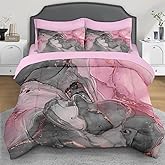 Nesphy Gray Pink Marble 7 Pcs Comforter Set Queen Size, Natural Luxury Golden Abstract Soft Bedding Set with Flat Sheet and Fitted Sheet Pillowcases & Sham for Adults Bedroom Bed Decor
