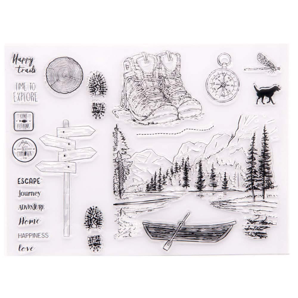 Happy Trails Time to Explore Mountains Trees Footprint Adventure Journey Rubber Stamps Clear Stamps for Card Making Decoration and DIY Scrapbooking Rubber Stamps for Crafts