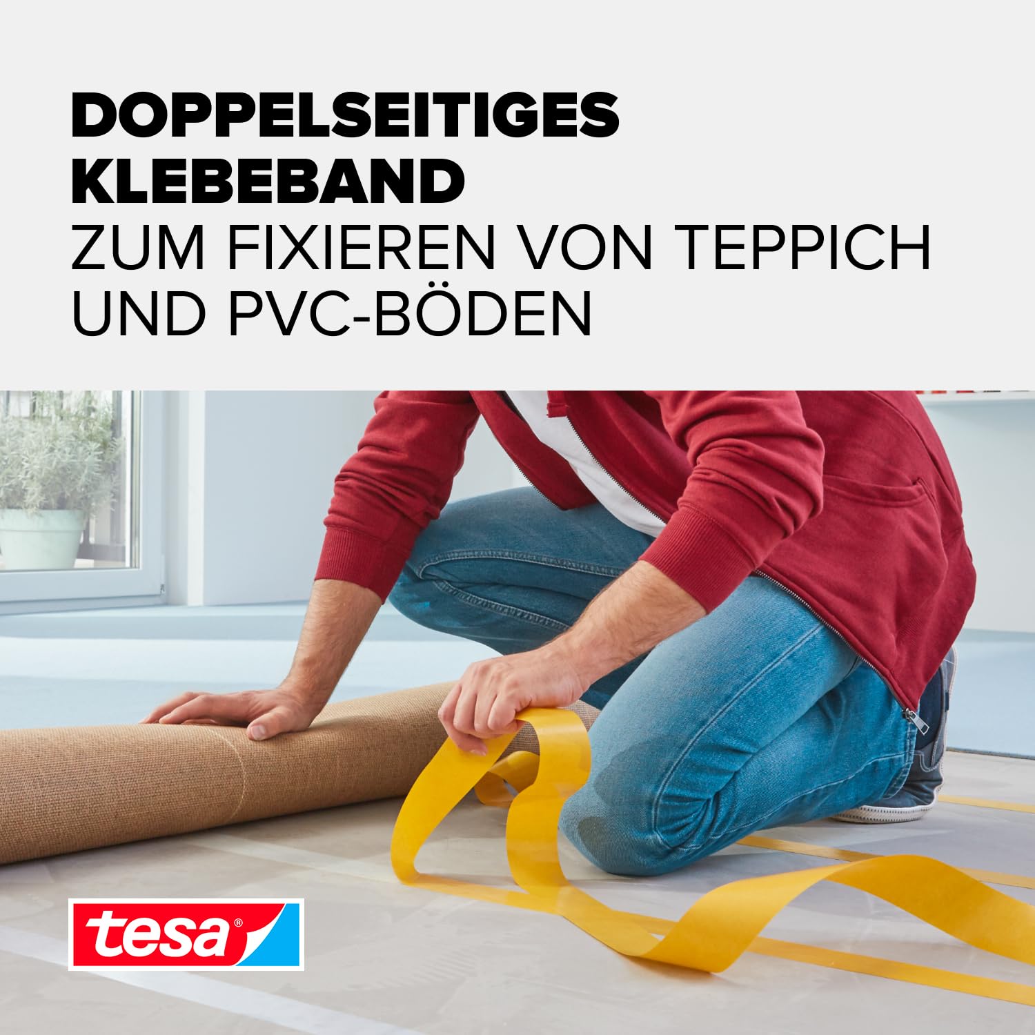 tesa Verlegeband extra stark klebend - Doppelseitiges Klebeband zum Verlegen von Teppich und PVC-Belag - doppelseitig klebend - 10 m x 50 mm 2