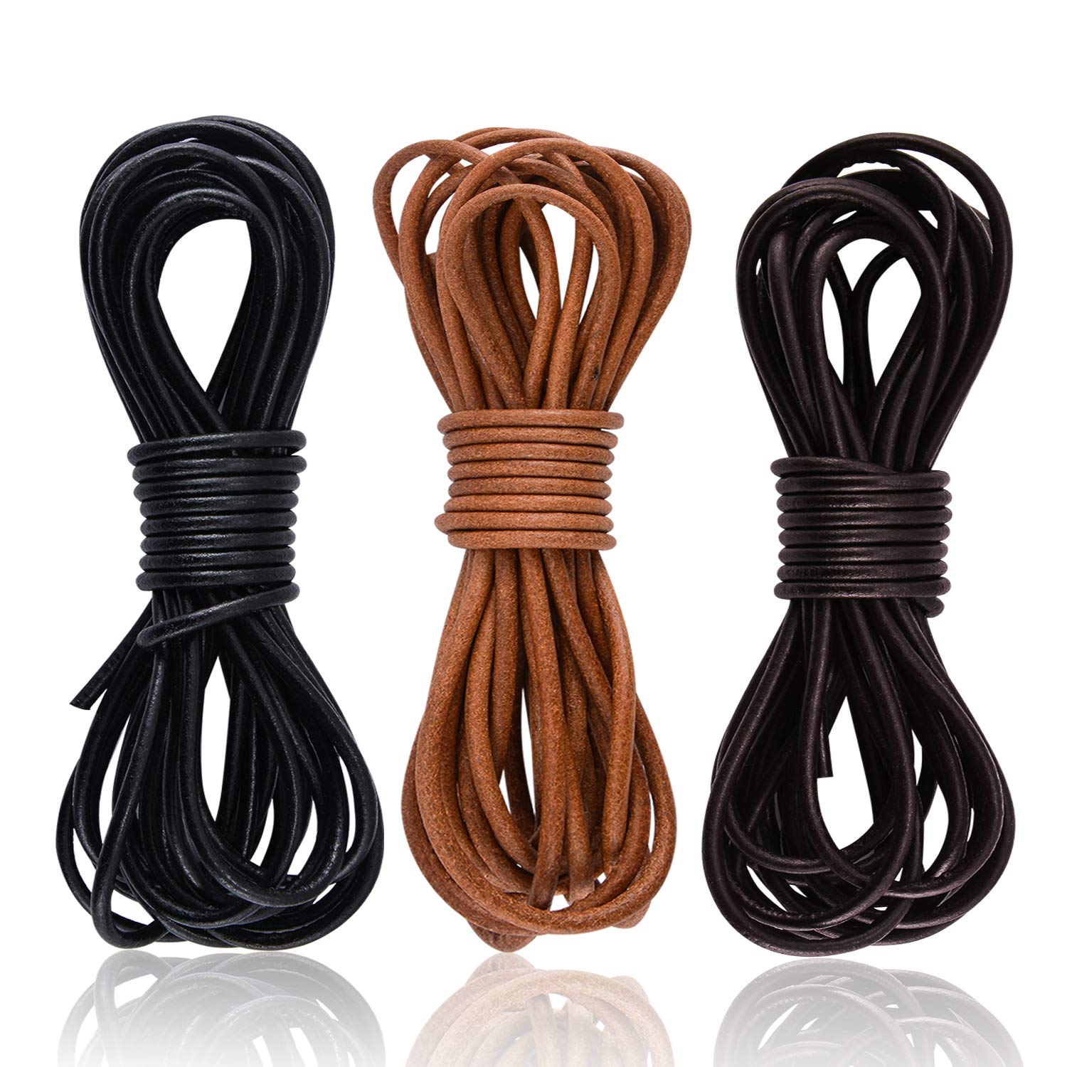 SOSMAR 3 Rolls 5M X 3MM Cowhide Round Leather Cords Rope String for Bracelet Necklace Jewelry Making Lanyards DIY Crafts, Black, Dark Brown, Natural Brown Genuine Leather Cord