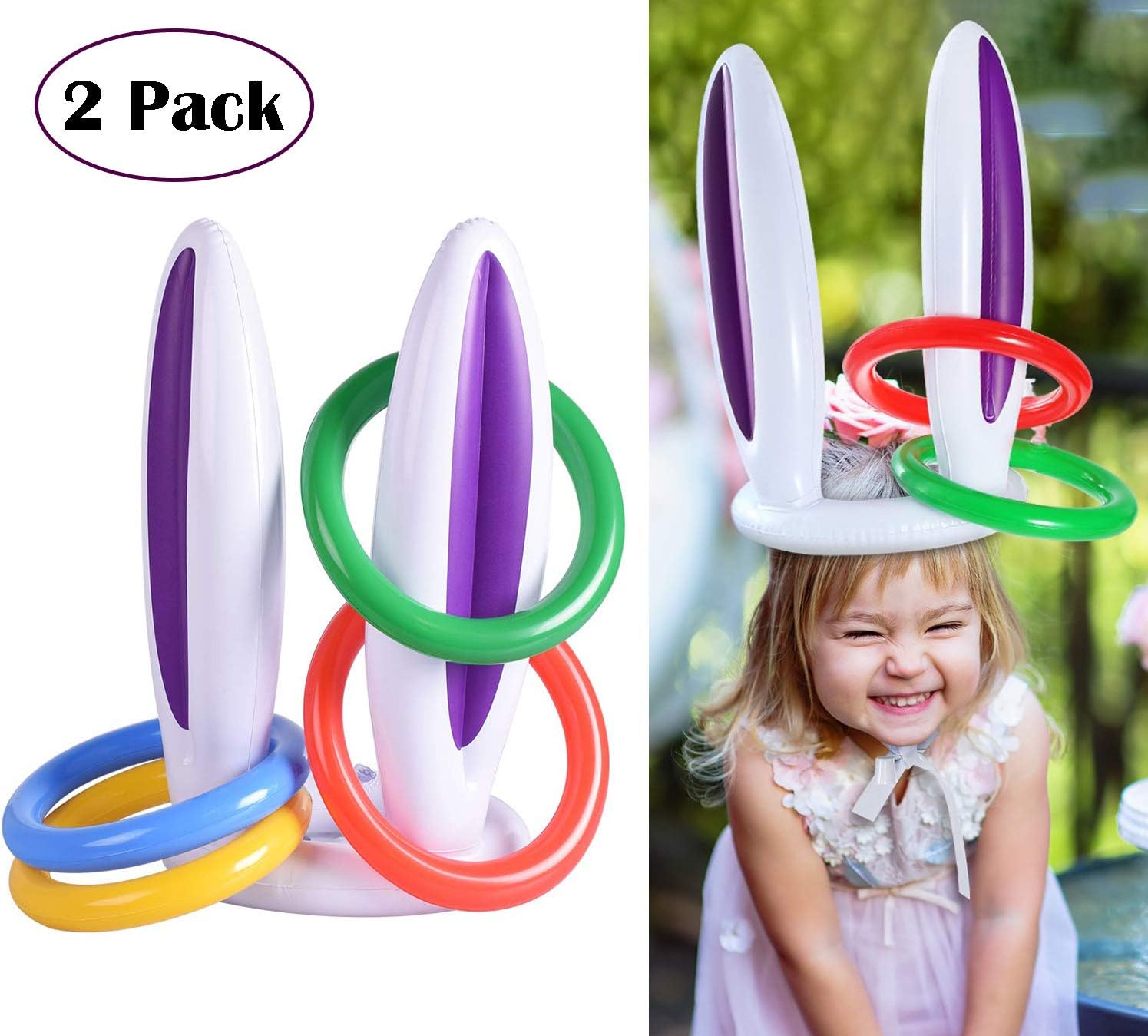 MODOLO 2 Pack Inflatable Bunny Rabbit Ears Ring Toss Game with Rings Easter Party Games for Family Kids (2 Rabbit Ears and 8 Rings)