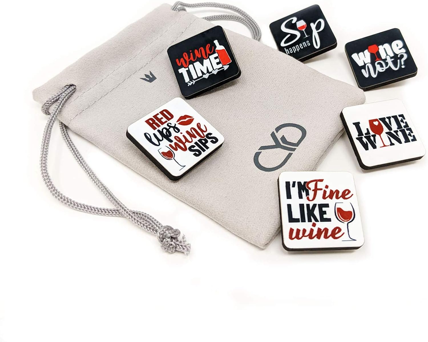 Fun Wine Sayings Wine Charms / Drink Markers - Set of 6 - Wine Glass Clips by Claim Your Glass C.Y.G. - Storage travel pouch Included