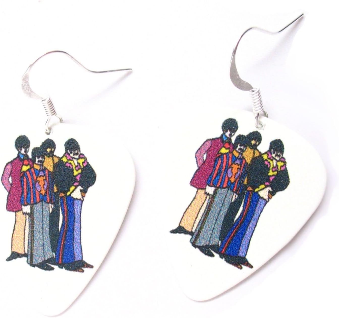 Beatles Earrings Yellow Submarine White Guitar Picks Rock Music Jewelry Band Pual McCartney John Lennon