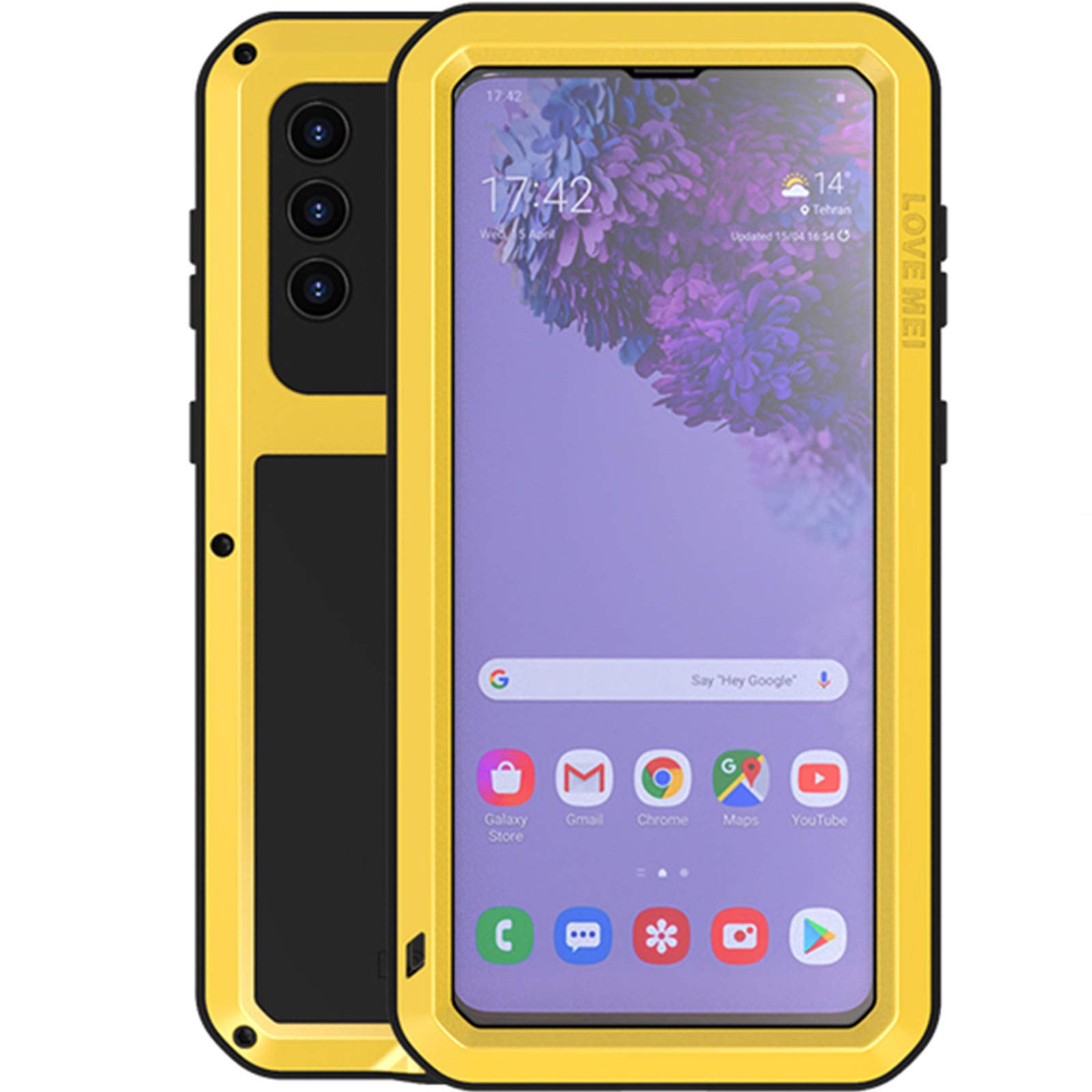 LOVE MEI Compatible With Samsung Galaxy S21 Plus Case, Aluminum Metal Gorilla Glass Waterproof Shockproof Military Heavy Duty Sturdy Protector Cover Hard Case Yellow