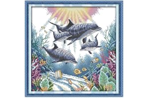 Funcrostitch Counted Cross Stitch Kits for Beginners,14ct Unprinted Pattern Embroidery Kit Dmc Cotton Threads Needleworks for Adults-Dolphin 14.2"×14.2"