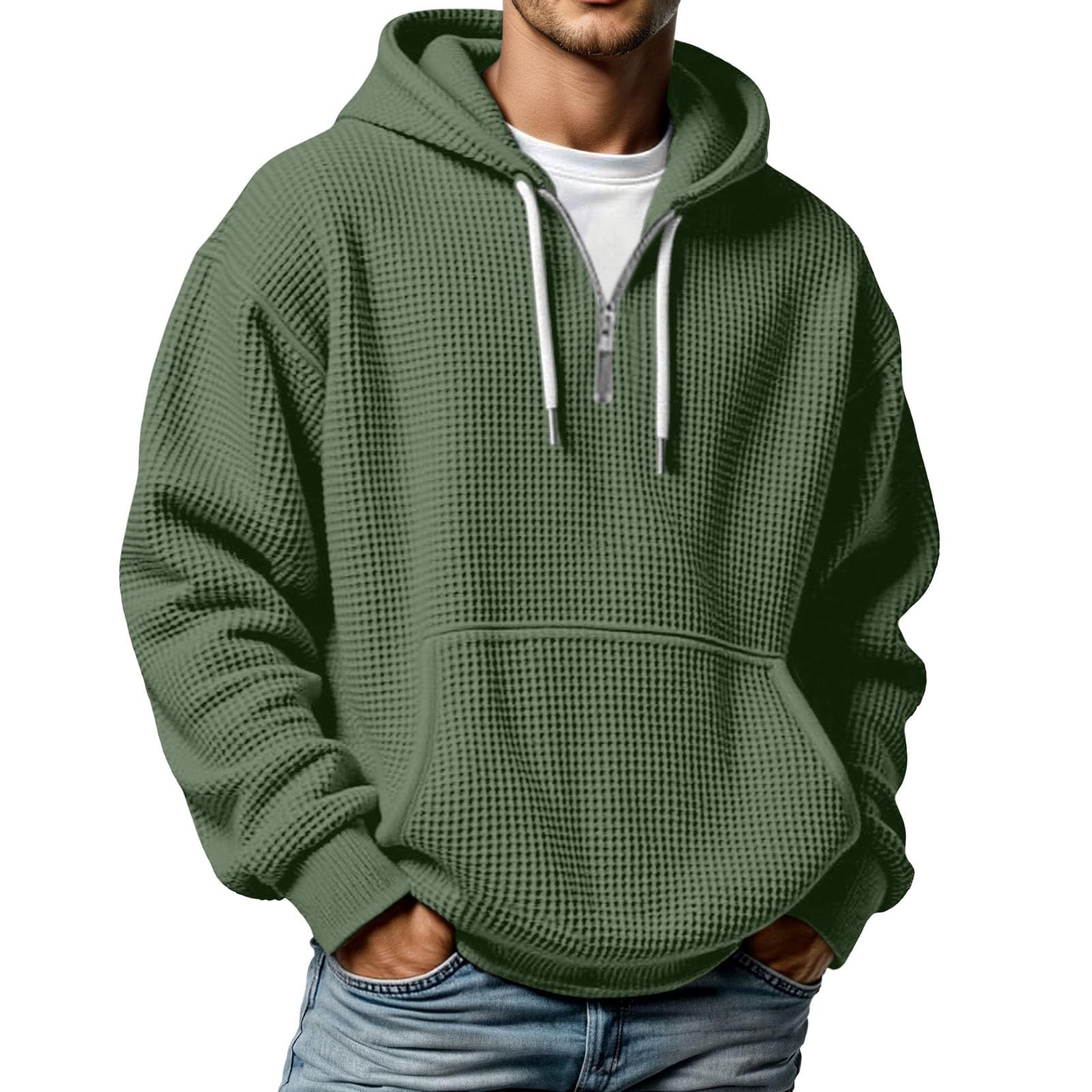 Sweatjacke Herren,Kapuzenpullover Herren mit Waffelmuster Lässig Lockere Hoodies Taschen Einfarbig Bequem Pullover Alltag Freizeit Sport Kapuzen Sweatshirt Teenager Streetwear Armeegrün XS