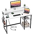 GreenForest 40 inch Home Office Desk with Power Outlets, Small Computer Desk with Ergonomic Monitor Stand, Reversible Gaming Desk, Modern Study Desk, Laptop Desk, White