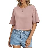 EasyGala Womens Cotton Boxy Crop Tops Drop Shoulder Loose Fit T-Shirts Short Sleeve Crewneck Tees Summer Casual Clothes
