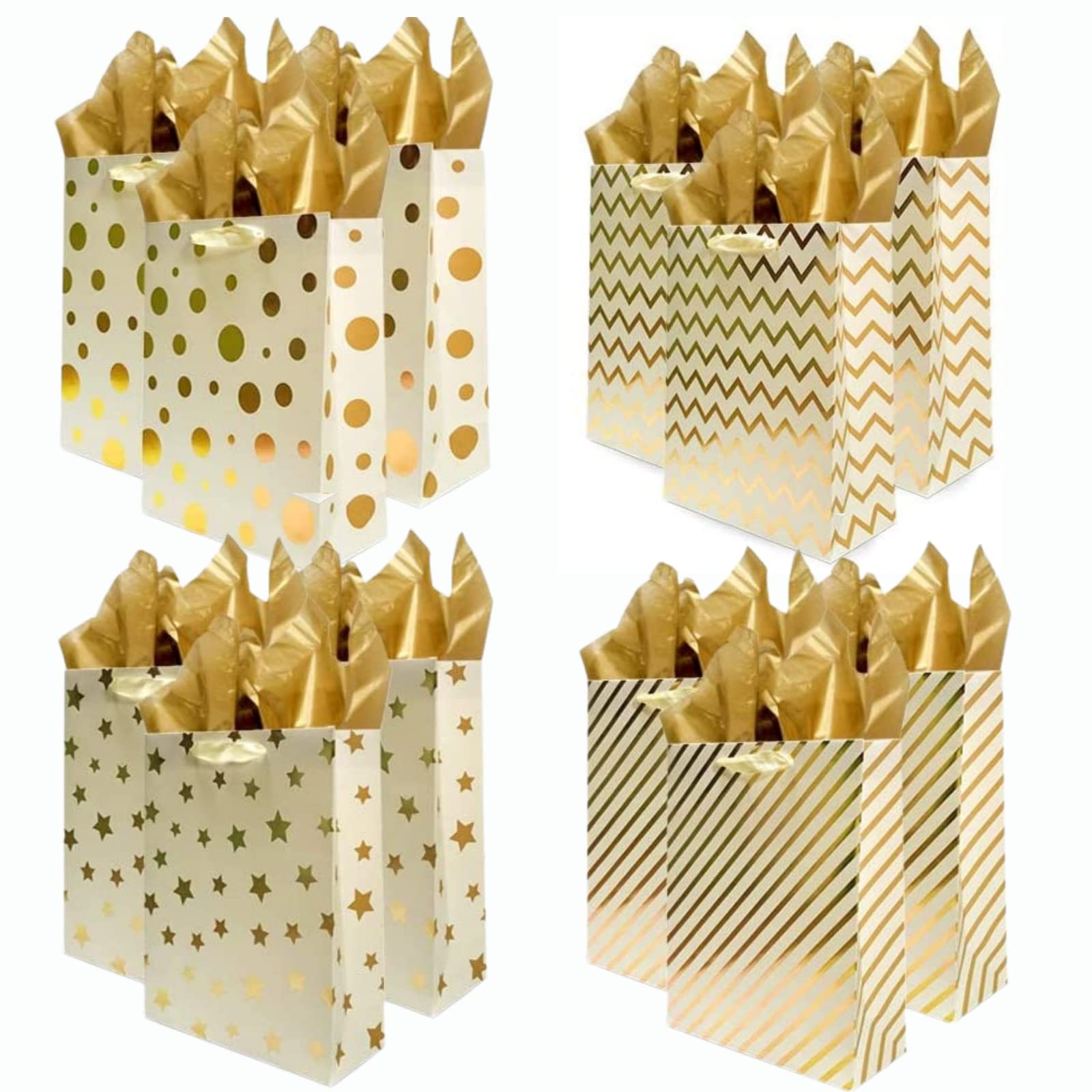 UNIQOOO 12Pcs Assorted Gold Metallic Foil Gift Bags Bulk w/ 12 Sheets Gold Tissue Paper, for Birthday Party Favor Wedding Thank You Paper Bag, Large