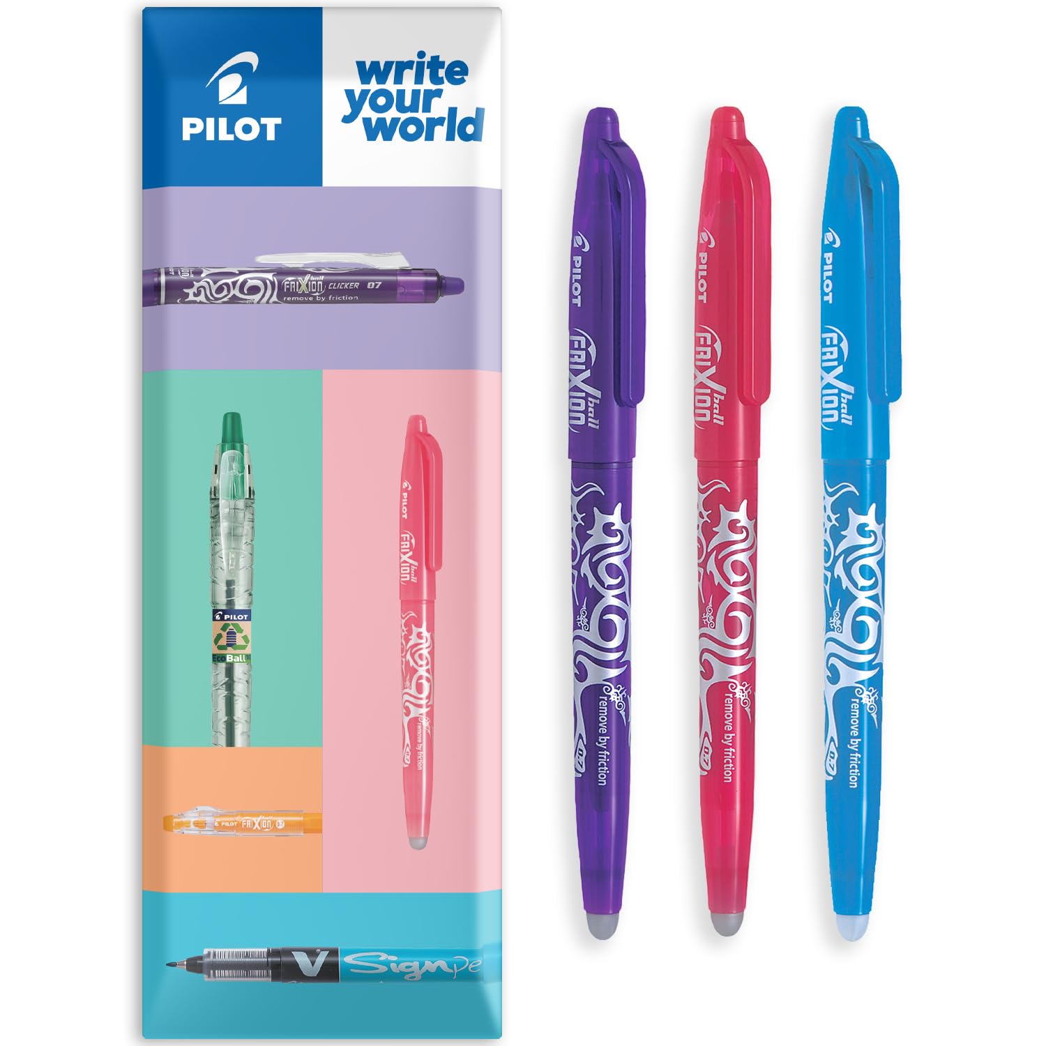PILOT Frixion Heat/Friction Erasable Rollerball Pen FR7 - Medium Line 0.7mm Tip Nib - In Envelope Gift Packaging - Pack of 3 (Violet/Pink/Light Blue)