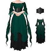 BITSEACOCO Women Renaissance Fairy Layered Dress Victorian Irish Costumes Halloween Cosplay Medieval Gothic Pirate Dresses