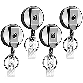 4pcs Heavy Duty Retractable Badge Reel Holders, Strong Reels, Reinforced Id Strap for Belt Clip, Key Ring, Name Card Keychain, Stainless Steel Wire Cord, Max Loading Weight 5.3oz