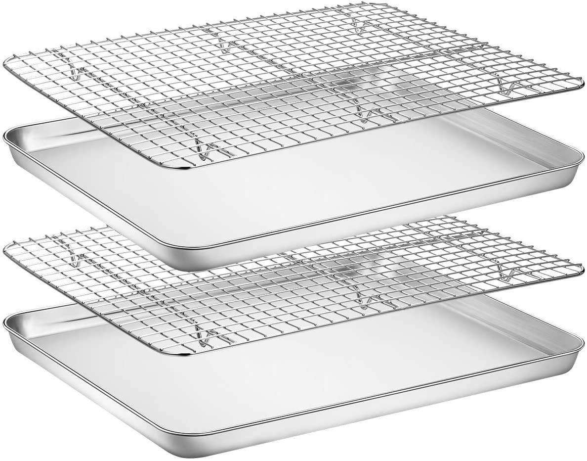 Baking Sheet & Rack [2 Sheet + 2 Rack], Stainless Steel Cookie Pan with Cooling Rack, Checkered Baking Sheet, Oven Safe Baking, Non Toxic, Heavy Duty, Easy Clean (16 x 12 x 1 inch)