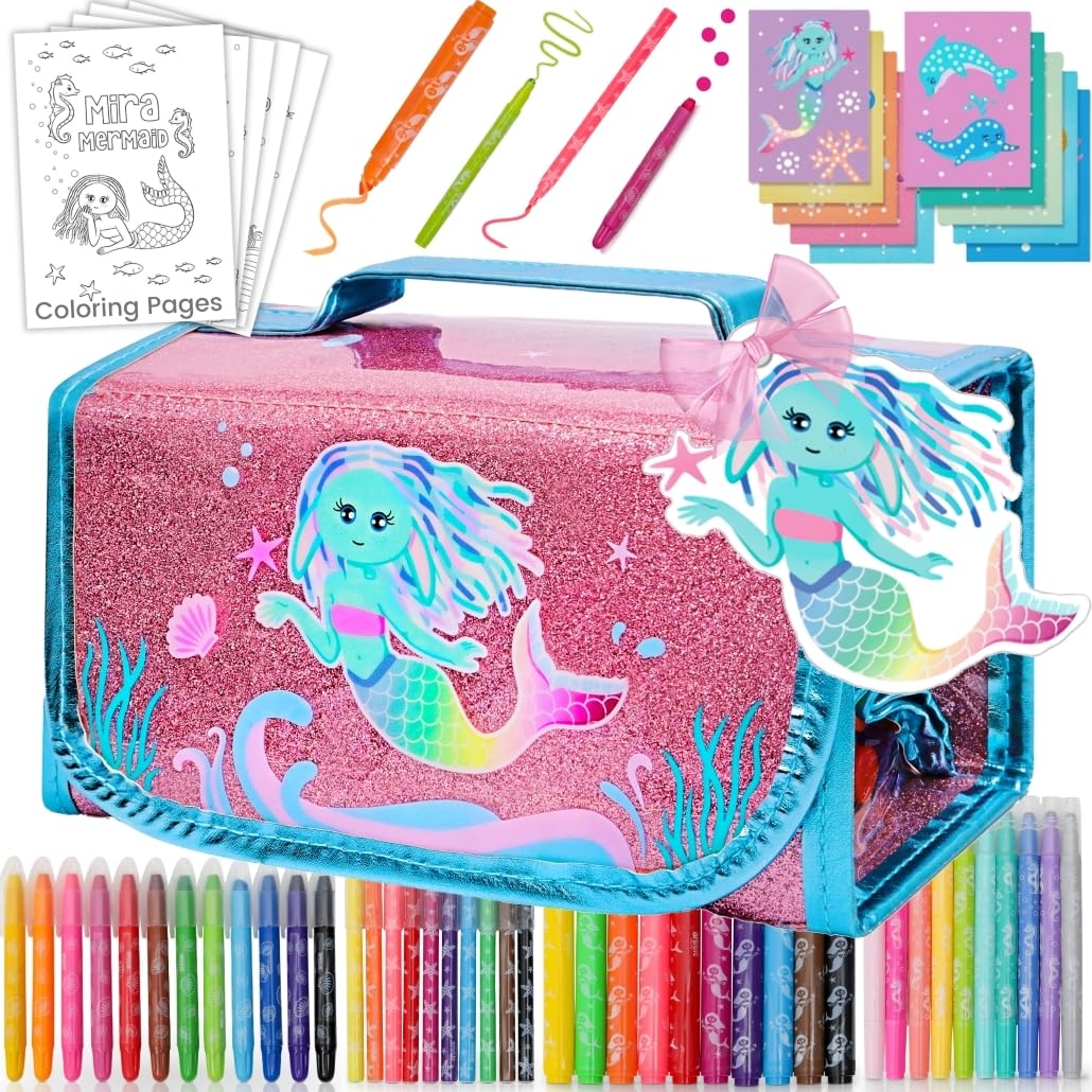 Scented Art Kits for Kids 6-9 - Mermaid Gifts For Girls, Colouring Kit Includes Smelly Markers, Dot Markers, Sparkly Mermaid Pencil Case - Art Set For Girls Ages 8-12