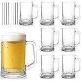 SOUJOY 8 Pack Glass Stein, 12 Oz Clear Freezer Beer Cup with Handle and Straw, Heavy Duty Drinking Glass for Beverages