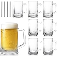SOUJOY 8 Pack Glass Stein, 12 Oz/350 ML Clear Freezer Beer Cup with Handle and Straw, Heavy Duty Drinking Glass for Beverages