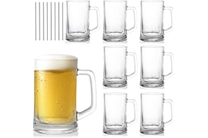 SOUJOY 8 Pack Glass Stein, 12 Oz/350 ML Clear Freezer Beer Cup with Handle and Straw, Heavy Duty Drinking Glass for Beverages