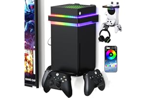 LUCKIT Wall Mount for Xbox Series X/S with RGB Light – Support APP, Xbox X/S Wall Shelf Kit with 2 Controller Holder & Charging Cable & 1 Headphone Stand – Prevent Your Xbox Console Accessories from Falling