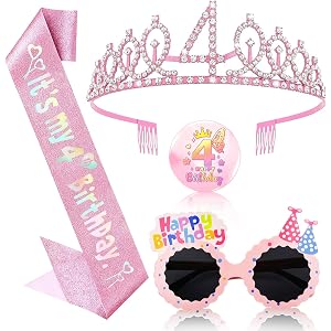 4th Birthday Decorations for Girls - 4 Pcs Glitter Sash and Crown Kit with & Badge, Happy Birthday Sunglasses, 4 Year Old Bir
