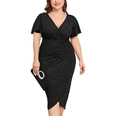 ZOMVA Plus Size 0X-4X Sparkly Glitter Ruched Bodycon Midi Dress Sparkle Sequin Wrap Ruffle Sleeve Dress Cocktail Party Formal