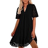 BTFBM Womens Boho Summer Dresses 2026 Spring V Neck Short Sleeve Hollow Out Lace Ruffle Casual Beach Mini Vacation Dress