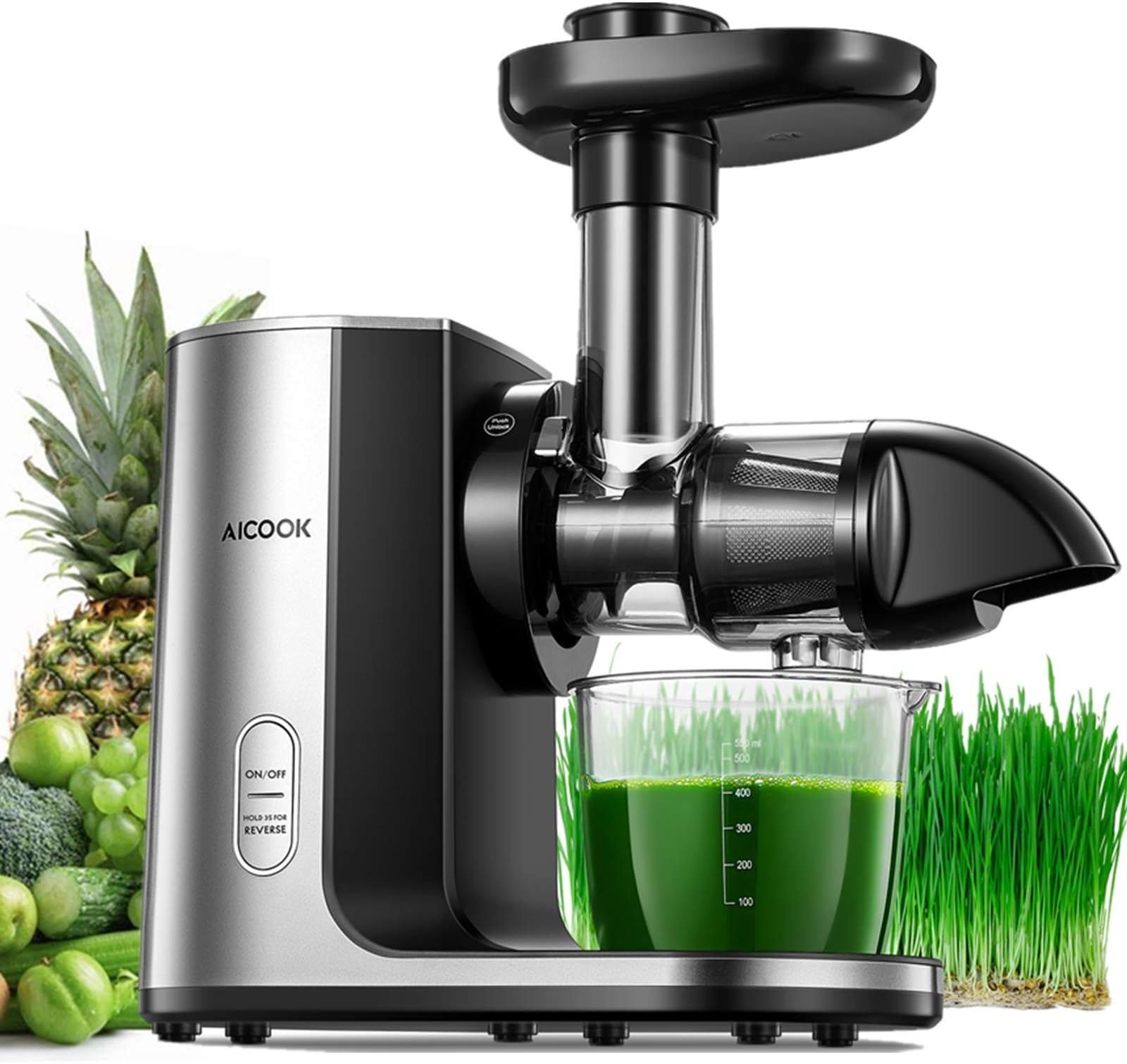Juicer Machines, Cold Press Masticating Juicer with Quiet Motor, Easy to Clean with Brush, Higher Juice Yield, Reverse Function & Recipes for Vegetables and Fruits Included