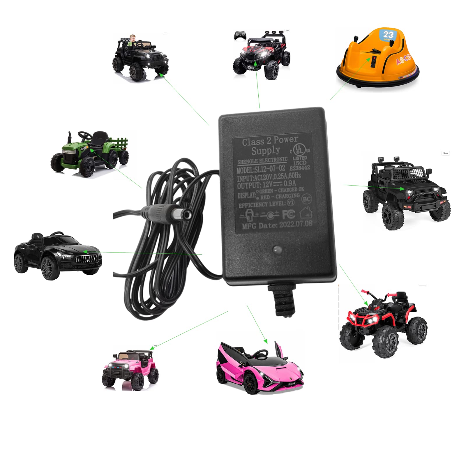 Photo 1 of 12V Battery Charger for Ride On Toys 12 Volt Universal Charger for Kids Car Power Supply Adapter for for Wrangler SUV Sports Car Farm Tractor Ride On Toys Accessories, 6FT Cord
