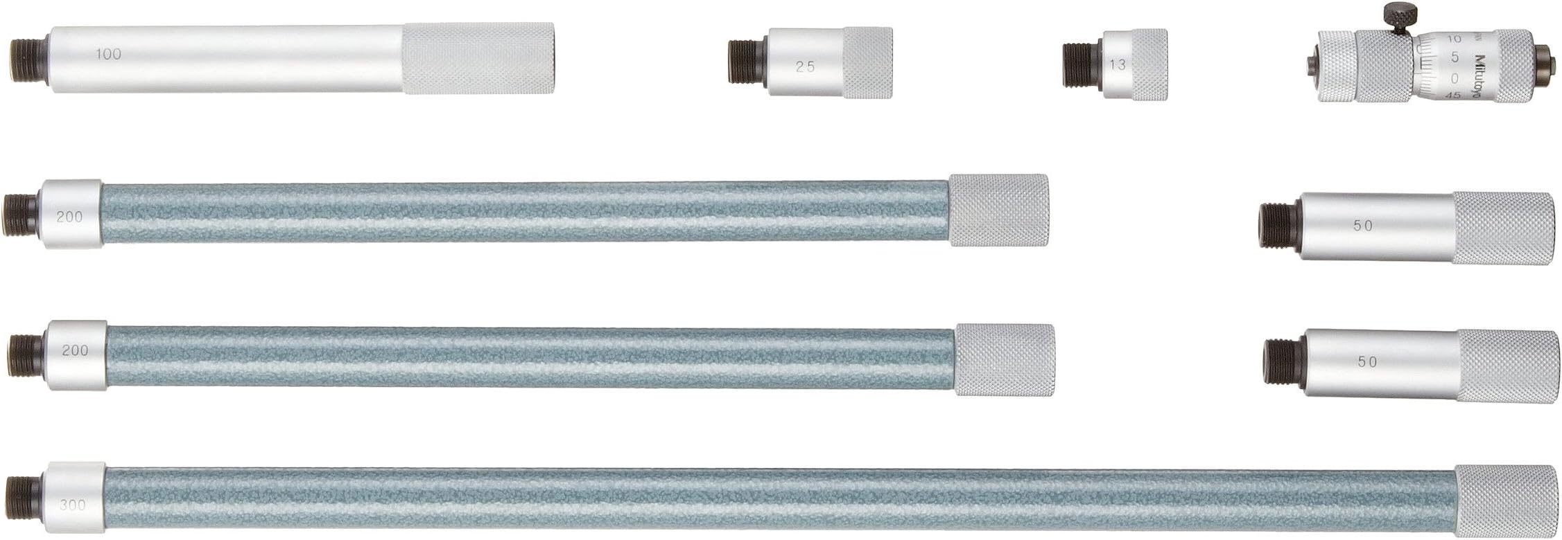 Mitutoyo 137-209 Tubular Vernier Inside Micrometer, Extension Rod Type, Carbide Tipped Face, 50-1000mm Range, 0.01mm Graduation, +/-0.031mm Accuracy, 8 pcs Extension Rods