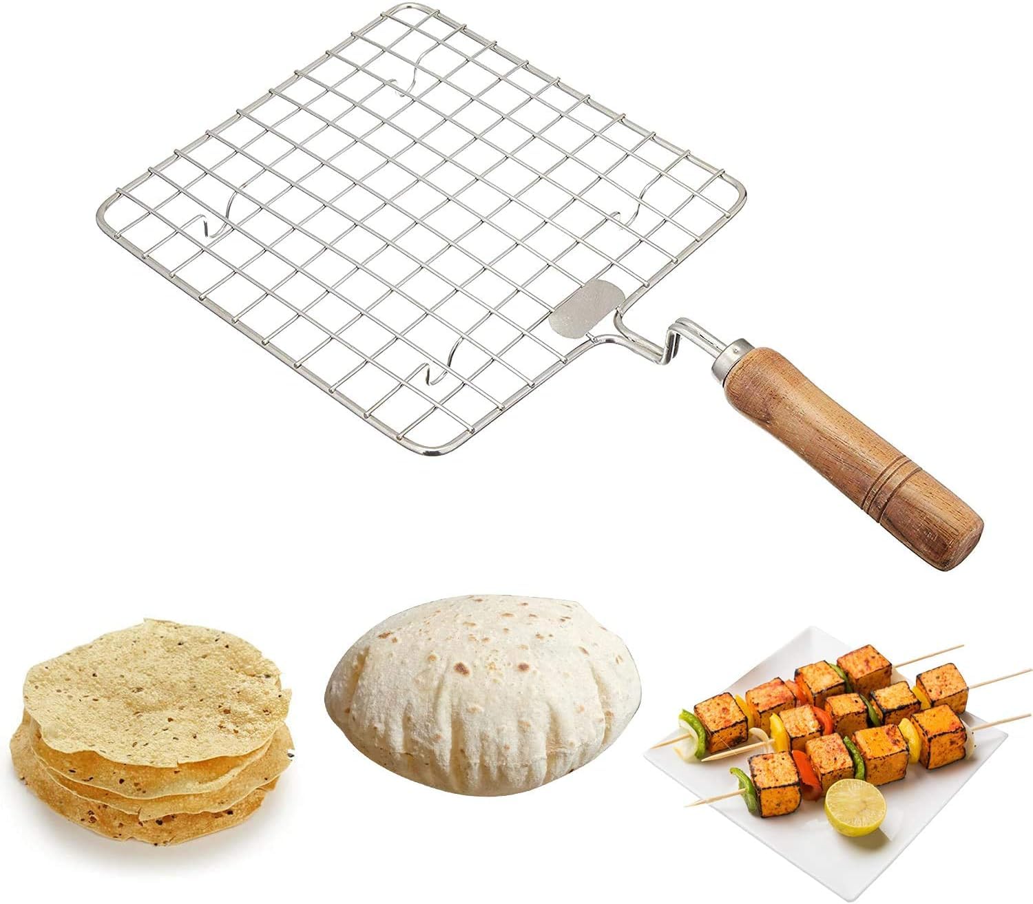 KSJONE Square Shape Stainless Steel Multi-Functional Wire Steaming Cooling and Baking Barbecue Rack Square Wire Roaster Rack/Papad Jali/Roti Grill with Wooden Handle