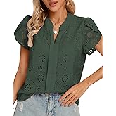 Kate Kasin Women Eyelet Spring Summer Tops, Dressy Casual Petal Short Sleeves Shirts, V Neck Lace Embroidered Blouses