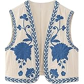 NUFIWI Women Vintage Embroidered Floral Vest Top Y2k Sleeveless Open Front Crop Vest Boho Floral Waistcoat Jacket