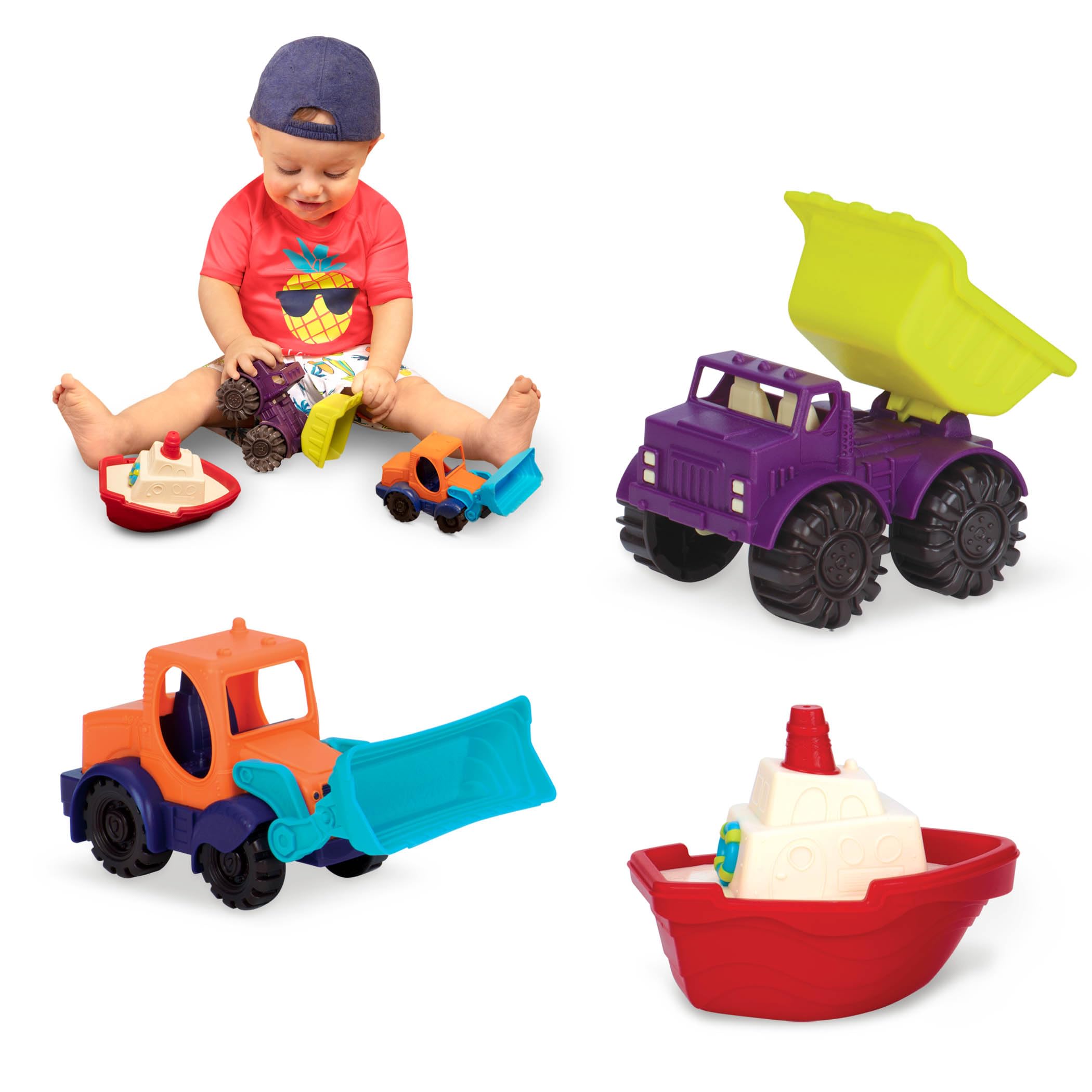 B. toys – 3 Mini Toy Cars Water & Sand Playset for Kids Beach Toys Includes 2 Trucks & 1 Boat Durable & Easy to Grab Perfect for Indoor/Outdoor Play