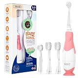 SEAGO Toddler Electric Toothbrushes for Baby Ages 0-3 Years, Baby Toothbrush with Smart Timer and Suction Base, 4 Replacement Brush Heads SG-513(Pink-C)