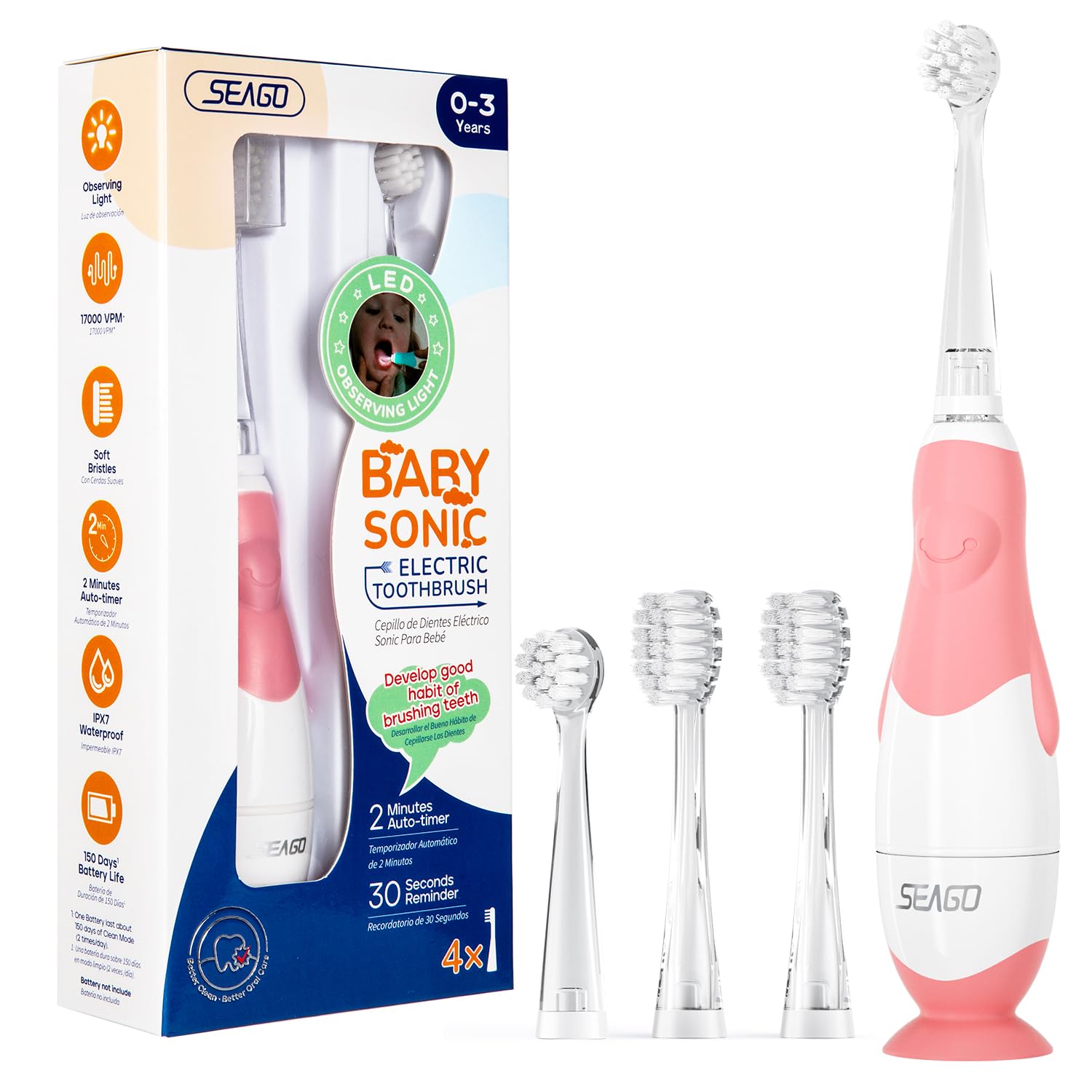 Seago Baby Electric Toothbrush, Children's Power Toothbrushes with 4 Brush Heads and Led Light, 2-Min Timer for Children Aged 6 Months to 4 Years, Penguin Shape Design SG513(Pink)