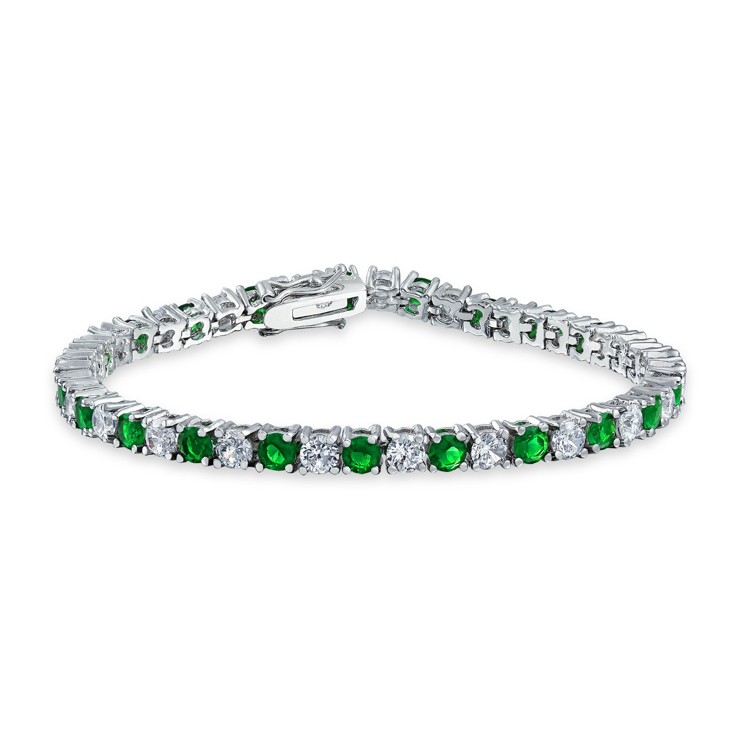 Bling Jewelry Green White Alternating Simulated Emerald Round Cubic Zirconia 12.00 CT 4 Prong Basket Set Solitaire AAA CZ Tennis Bracelet For Women Prom Bride Silver Plated 7.5 Inch — image 1