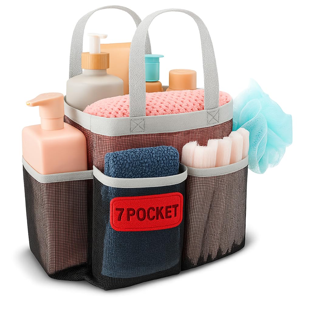Photo 1 of Handy Laundry Mesh Shower Caddy Bag - Collapsible, Portable Bathroom Organizer for Travel, Gym, and Dorm Use - Easily Carry & Organize College Dorm, Bathroom Toiletry Essentials - 7 Pockets (Black)