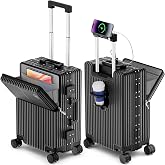 Faqy Z Carry On Luggage with Front Pocket,Zipperless Suitcase, Black, 20 in | Airline Approved, Aluminum Frame, TSA Lock, Hardside, 360&deg;Spinner Wheels, Charger Port, Cup and Phone Holder, Side Hook, PC