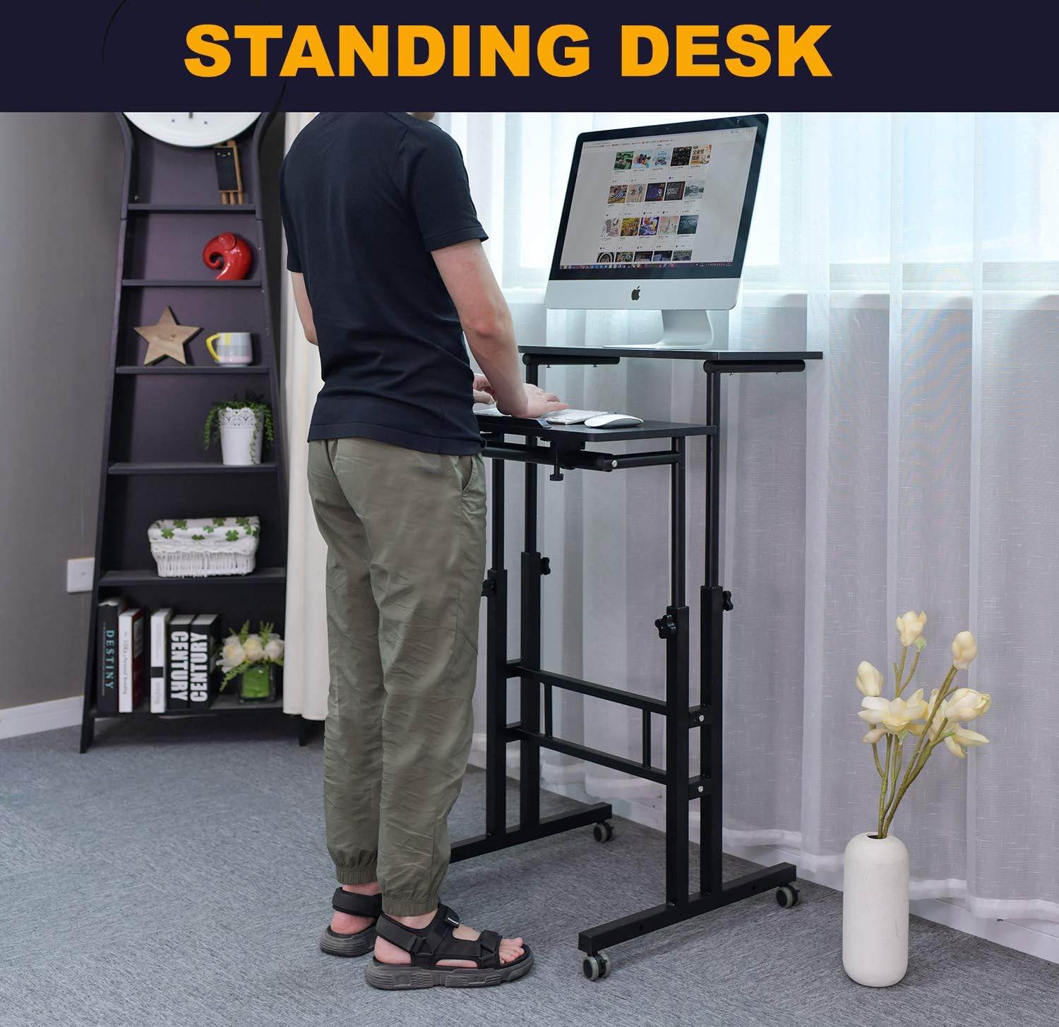 AIZ Mobile Standing Desk, Adjustable Computer Desk Rolling Laptop Cart on Wheels Home Office Computer Workstation, Portable Laptop Stand for Small Spaces Tall Table for Standing or Sitting, Black: Kitchen & Dining