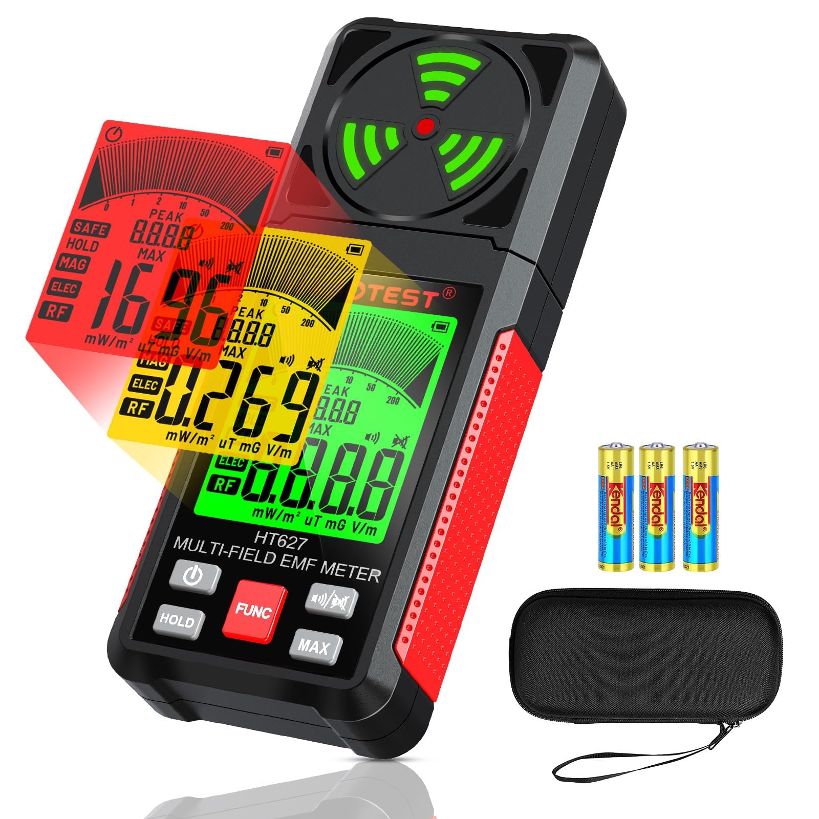 3-in-1 EMF Meter - Radiation Detector with Data Hold, Mute Function & Max Value Storage. Measures EF, RF, MF & WiFi Signals. Ideal for Home & Outdoor Use, Handheld Geiger Counter, YOJOCK (Red)