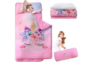 KINBEDY Toddler Nap Mats for Preschool Daycare Pink Unicorn Kids Sleeping Bag with Pillow and Blanket, Toddlers Girls Sleeping Mats Roll up Nap Pad Toddler Sleep Mat for Travel Camping