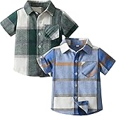 BACKID Boys Short Sleeve Button Down Shirts Cotton Plaid Summer Clothes with Pocket 2-8T(2 Pack)