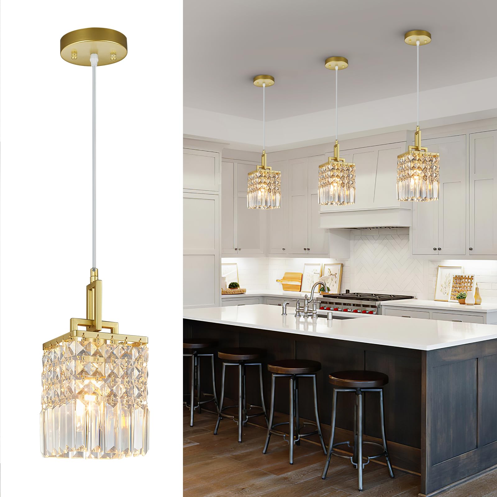 Photo 1 of BBLLWJ Modern Crystal Pendant Light Kitchen Island Farmhouse Lamp Adjustable Height Hanging Lighting Square Gold Chandelier Suitable for Kitchen Island Dining Room and Bedroom(3Pack)