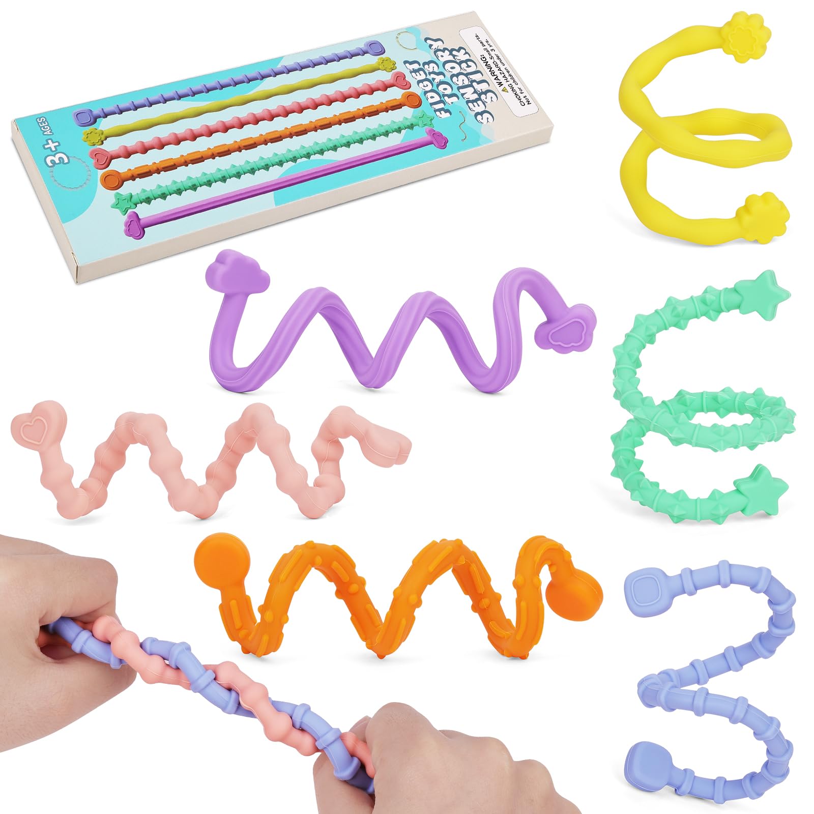 OSDUE Silicone Fidget Toys Sensory Stick, 6 Pack Textured Colorful Calming Noodles Fidgets Sensory Toys for Focus Support Classroom Travel Autism ADHD Anxiety People Under Pressure to Relieve Stress