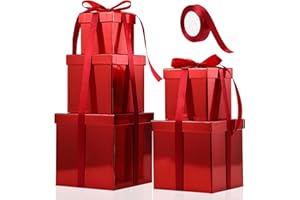 Cholemy 5 Pcs Square Nesting Boxes Decorative Gift Boxes with Lid and Ribbon Assorted Sizes Wrap for Wedding, Halloween, Thanksgiving, Christmas, Anniversary, Birthday, Bridal Party(Shiny Red)