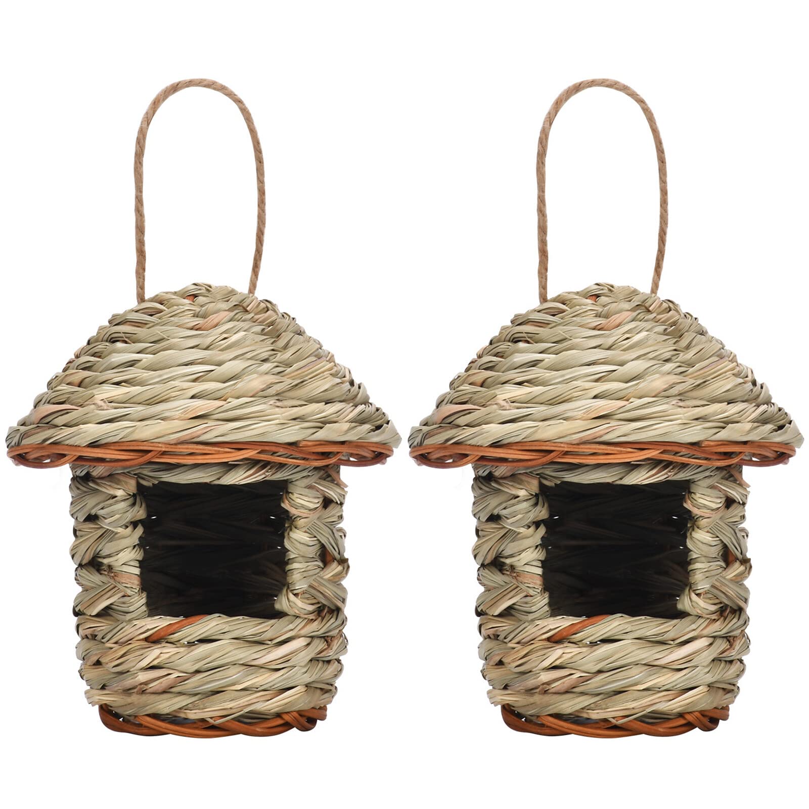 Uposao 2 Pcs Bird House for Garden or Outdoor, Hanging Bird Nesting Boxes, Straw Bird Nest House Natural Grass Hanging Bird House for Nesting, Wren Finch Bird House for Patio Lawn Home