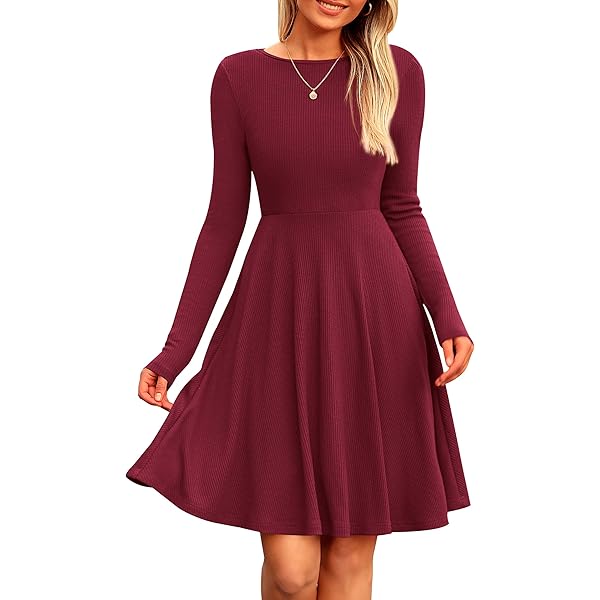 FERYSHE Women's Casual Short Dresses Flowy Going Out A-line Ribbed Knit Long Sleeve Crewneck Dress S Wine Red at Amazon Women's Clothing store FERYSHE Women's Casual Short Dresses Flowy Going Out A-line Ribbed Knit Long Sleeve Crewneck Dress S Wine Red at Amazon Women's Clothing store